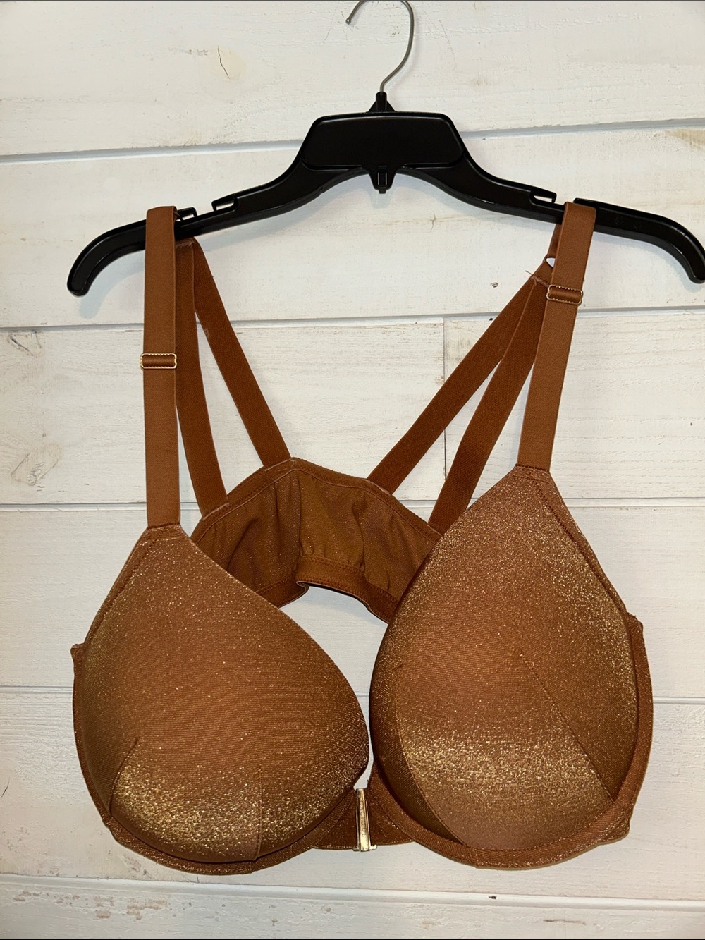Cacique Glitter Knit Front-Close Boost Plunge Bra argan oil orange 44DD shimmery